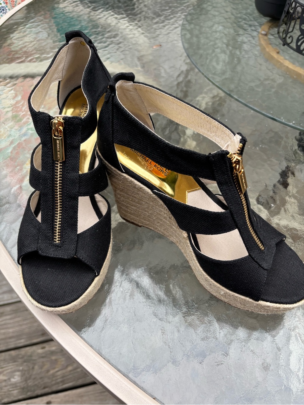 Michael Kors Black Canvas Espadrille Wedge Sandals with Gold Zip